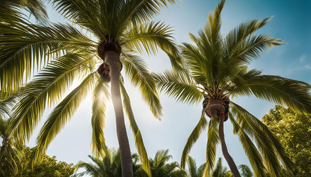 Two palm trees stand tall against a bright blue sky, their leaves reaching up to the sun. The scene exudes a tropical atmosphere, perfect for a relaxing vacation.の写真素材