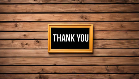 A simple framed sign with the words 'Thank You' written on a black background, hanging on a rustic wooden wall.の写真素材