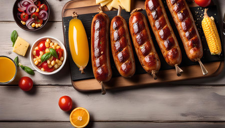 Close-up of grilled sausages on a wooden board surrounded by side dishes like tomatoes, corn, cheese, and basil. The dish is a delightful blend of flavors and colors, perfect for a summer meal or party.の写真素材