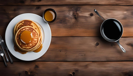 A stack of pancakes with syrup on a white plate sits on a wooden table with a bowl of syrup and a small pan with syrup in it.の写真素材