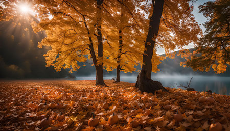 Autumnal lake scene with trees in vibrant colors, a misty morning sunrise, and the reflection of golden sunlight on the water.の写真素材