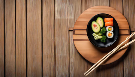 A plate of sushi with avocado and broccoli, photographed from above on a wooden table.の写真素材