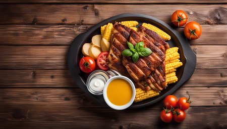 A close-up shot of a plate of grilled ribs with corn on the cob and tomatoes. The ribs are juicy and...