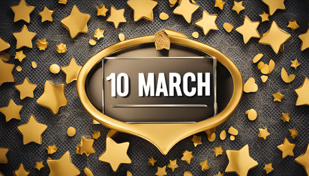 A digital illustration of 10th of March on a dark background with golden stars, frame and 3D text.