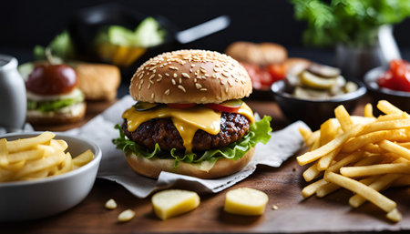 A mouthwatering cheeseburger with crispy fries, perfect for a satisfying meal. The burger is piled high with juicy beef, melted cheese, crisp lettuce, and tangy pickles, all nestled in a soft sesame seed bun.の写真素材