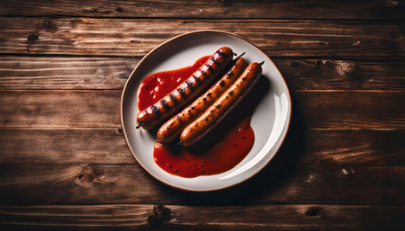 Three grilled sausages on a white plate with ketchup. The sausages are on a wooden background.の写真素材
