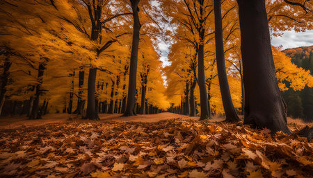A captivating view of an autumn forest path, illuminated by the golden hues of fallen leaves. The...