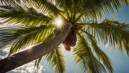 A palm tree with lush green leaves stands tall against a bright blue sky, with sunlight beaming through the fronts, creating a vibrant and tropical scene.の写真素材