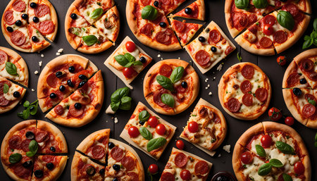 A variety of delicious pizzas with different toppings, including pepperoni, cheese, olives, and basil, all arranged beautifully on a dark background.の写真素材