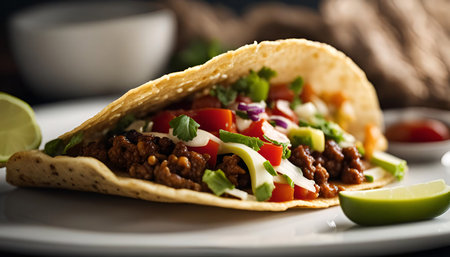 A close-up of a delicious taco filled with ground beef, tomatoes, lettuce, cheese, onion, and sour cream, served with a side of salsa and lime.の写真素材
