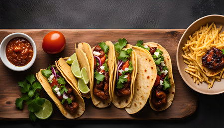 Close-up of five tacos filled with meat, onions, cilantro, and cheese, served with salsa on a wooden board. The tacos look delicious and inviting, and the photo is taken from a high angle, giving a clear view of the ingredients.の写真素材