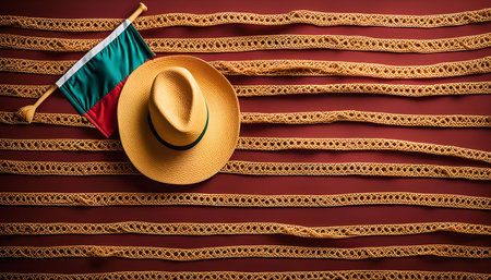 A flat lay photo featuring a Bulgarian flag and a straw hat on a red background with decorative gold lace.の写真素材