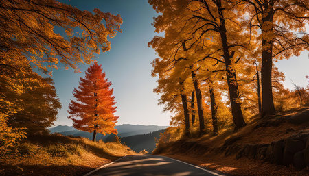 A winding road through a forest in autumn. The leaves of the trees are turning yellow and orange, creating a beautiful and colorful scene.の写真素材