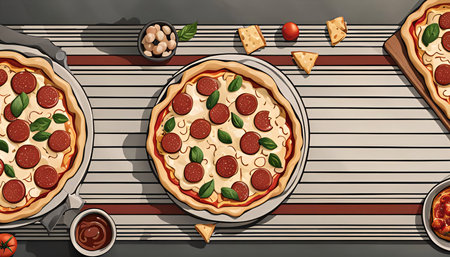 Three pepperoni pizzas on a striped tablecloth with sauce, tomatoes, and other toppings.の写真素材