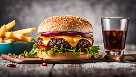 A close-up shot of a cheeseburger with all the trimmings. The burger is juicy and delicious, topped with lettuce, tomato, onion, and cheese. The fries are crispy and golden brown, and the drink is cold and refreshing.の写真素材