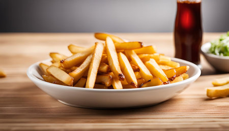 A close-up image of a white bowl filled with golden brown french fries, resting on a wooden table. The fries are crispy and appear delicious.の写真素材