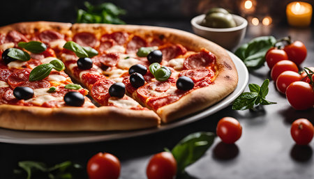 A delicious pepperoni pizza with olives, basil, and tomato sauce, on a white plate with cherry tomatoes and basil leaves in the background.の写真素材