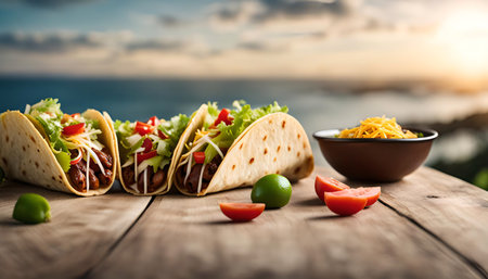 Three tacos filled with various toppings are placed on a rustic wooden table. The vibrant colors of the ingredients are inviting.の写真素材