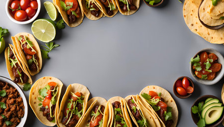 A delicious and colorful spread of tacos, ready to be devoured. The tacos are filled with ground beef, tomatoes, onions, and cilantro, and are accompanied by various toppings such as salsa, avocado, and lime wedges.の写真素材