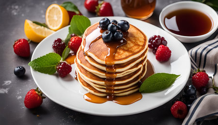 A plate of golden brown pancakes drizzled with maple syrup and topped with fresh berries, ready to be enjoyed for a delightful breakfast or dessert.の写真素材