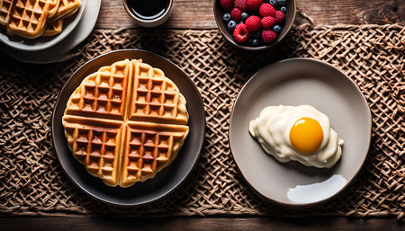 A closeup of a plate with a waffle and another plate with a fried egg on a wooden tableの写真素材