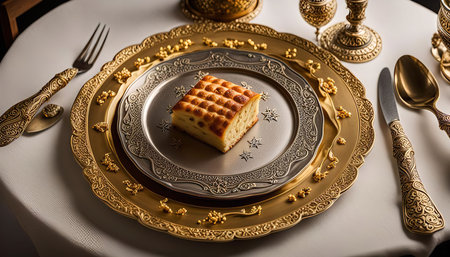 A beautifully composed still life featuring a piece of dessert on a silver and gold ornate plate.の写真素材