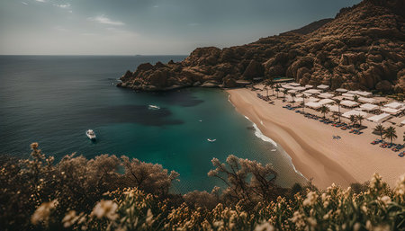 A panoramic view of a secluded beach with crystal clear waters, a white sand shoreline, and a lush green island. The blue sky and bright sunlight create a serene and peaceful atmosphere.の写真素材