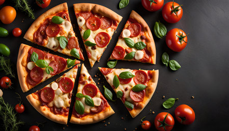 A close-up of a pepperoni pizza with fresh basil and sliced tomatoes. It's a perfect image for any food blog or website.の写真素材