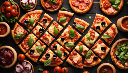 A close-up view of a pizza cut into numerous slices, each topped with pepperoni, cheese, tomatoes, olives, and basil. The image exudes an inviting and mouthwatering appeal.の写真素材