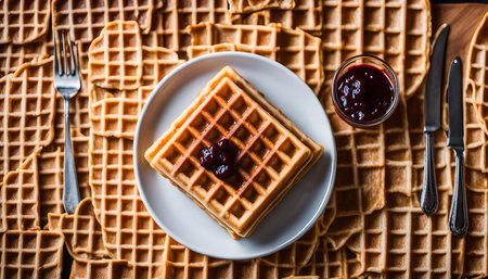A stack of golden waffles on a white plate, topped with jam and surrounded by more waffles.の写真素材
