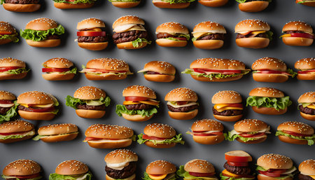 A close-up view of a grid of delicious hamburgers, arranged in neat rows on a gray background.の写真素材