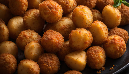 A close up of golden brown fried macadamia nuts. The nuts are piled high on a black plate, and their crispy texture is evident.の写真素材