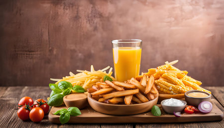A close-up of a table with a variety of snacks, including French fries, corn on the cob, dips, and a...