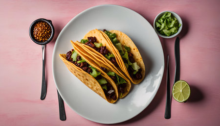 Three tacos on a plate. They are filled with ground beef, lettuce, and salsa.の写真素材