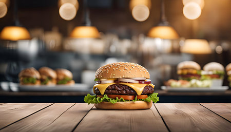 A mouthwatering cheeseburger with lettuce, tomato, onion, and cheese on a wooden table in a restaurant setting.の写真素材