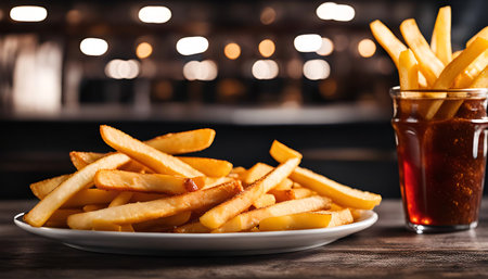 A plate of crispy golden french fries on a wooden table, with a glass of sauce in the background.
