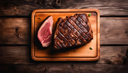 A close-up shot of two pieces of grilled pork placed on a wooden cutting board.の写真素材