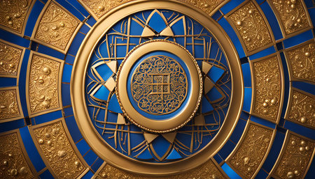 A close-up shot of a circular design featuring intricately gold and blue patterns, creating a stunning visual display. The design is both decorative and geometric, showcasing craftsmanship and artistic skill.の写真素材