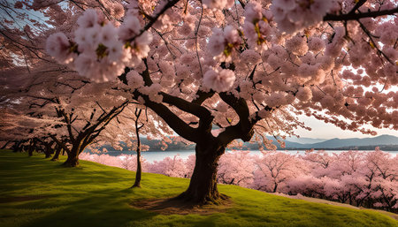 A stunning view of a cherry blossom tree in full bloom, with pink flowers covering the branches and a green grassy field in the foreground. The lake and mountains in the background complete this beautiful and peaceful scene.の写真素材