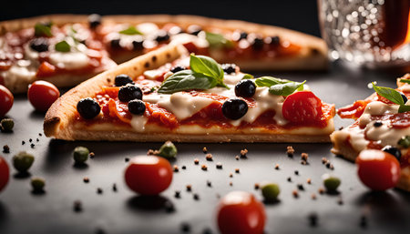 A close up of a slice of pizza topped with mozzarella, olives, and basil. The pizza is on a black surface with tomatoes and pepper.の写真素材