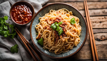 A plate of Chinese noodles with chili sauce and chopsticks on a wooden tableの写真素材