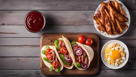 Close-up shot of delicious tacos on a wooden table with fresh ingredients and a side of sauce.の写真素材