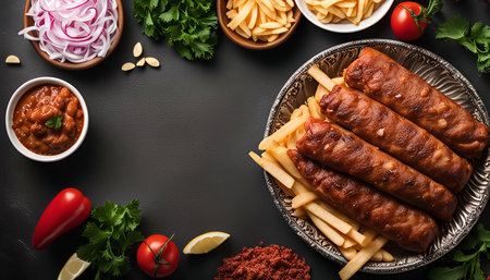 A flat lay of a plate of grilled sausages with fries, along with various toppings and ingredients like sliced tomatoes, red onions, and cilantro. It showcases a delicious and ready-to-eat meal.の写真素材