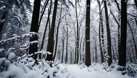 A serene winter forest with a path leading into the snowy woodland. The snow-covered trees create a...