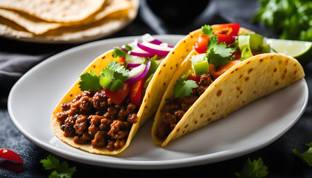 Two Tacos filled with ground beef, onions, tomatoes, and cilantro, served on a white plate. Close-up shot with selective focus.の写真素材