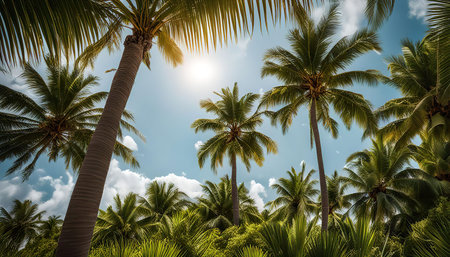 A view of a beautiful tropical forest with lush palm trees reaching towards the sunny sky. The image...