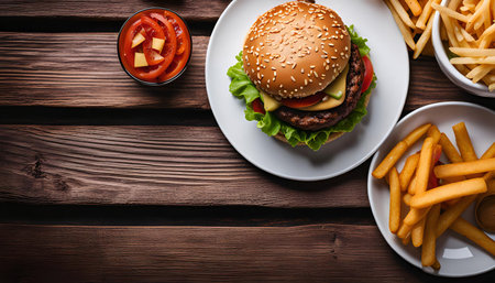 A close-up of a juicy cheeseburger and crispy French fries on a wooden table. The food is arranged in a flat lay style, creating a mouthwatering composition.の写真素材