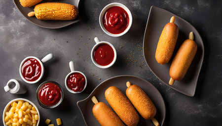 A table top shot of corn dogs, ketchup in bowls and fried corn arranged in a flat lay on a dark background. A close up food photography.の写真素材