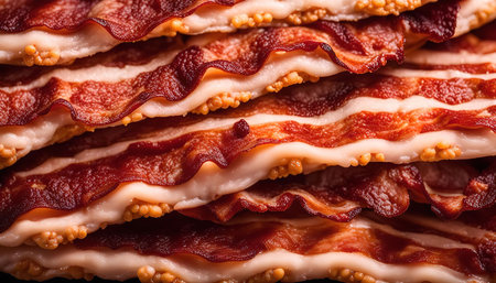 A close-up shot of a stack of crispy bacon strips. The bacon is cooked to perfection, with a crispy texture and a savory flavor.の写真素材
