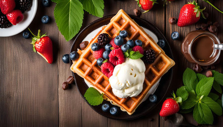 A plate of delicious waffles topped with fresh berries, ice cream, and chocolate sauce. The waffles are crispy and golden brown, and the berries are bright and juicy. The ice cream is smooth and creamy, and the chocolate sauce is rich and decadent. This is the perfect dessert for a summer day.の写真素材